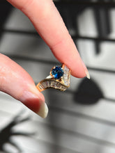 Load image into Gallery viewer, One of a kind solid 14k yellow gold estate piece - Teal Sapphire & Natural Earth Mined Diamond Baguettes