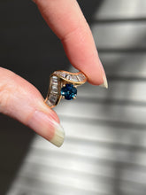 Load image into Gallery viewer, One of a kind solid 14k yellow gold estate piece - Teal Sapphire & Natural Earth Mined Diamond Baguettes