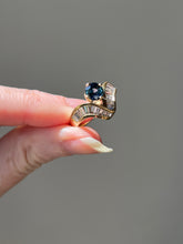 Load image into Gallery viewer, One of a kind solid 14k yellow gold estate piece - Teal Sapphire & Natural Earth Mined Diamond Baguettes