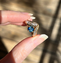 Load image into Gallery viewer, One of a kind solid 14k yellow gold estate piece - Teal Sapphire & Natural Earth Mined Diamond Baguettes