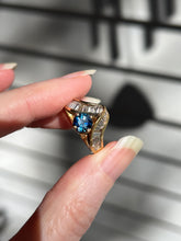 Load image into Gallery viewer, One of a kind solid 14k yellow gold estate piece - Teal Sapphire & Natural Earth Mined Diamond Baguettes