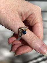 Load image into Gallery viewer, One of a kind solid 14k yellow gold estate piece - Teal Sapphire & Natural Earth Mined Diamond Baguettes