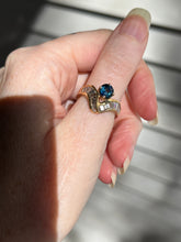 Load image into Gallery viewer, One of a kind solid 14k yellow gold estate piece - Teal Sapphire & Natural Earth Mined Diamond Baguettes