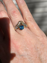 Load image into Gallery viewer, One of a kind solid 14k yellow gold estate piece - Teal Sapphire & Natural Earth Mined Diamond Baguettes