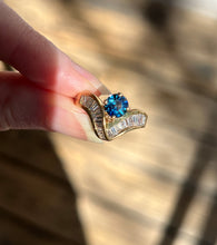 Load image into Gallery viewer, One of a kind solid 14k yellow gold estate piece - Teal Sapphire & Natural Earth Mined Diamond Baguettes