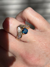Load image into Gallery viewer, One of a kind solid 14k yellow gold estate piece - Teal Sapphire & Natural Earth Mined Diamond Baguettes