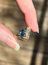 Load image into Gallery viewer, One of a kind solid 14k yellow gold estate piece - Teal Sapphire & Natural Earth Mined Diamond Baguettes