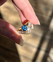 Load image into Gallery viewer, One of a kind solid 14k yellow gold estate piece - Teal Sapphire & Natural Earth Mined Diamond Baguettes
