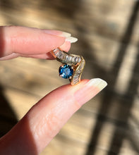 Load image into Gallery viewer, One of a kind solid 14k yellow gold estate piece - Teal Sapphire & Natural Earth Mined Diamond Baguettes