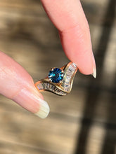 Load image into Gallery viewer, One of a kind solid 14k yellow gold estate piece - Teal Sapphire & Natural Earth Mined Diamond Baguettes