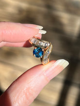 Load image into Gallery viewer, One of a kind solid 14k yellow gold estate piece - Teal Sapphire & Natural Earth Mined Diamond Baguettes