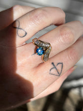 Load image into Gallery viewer, One of a kind solid 14k yellow gold estate piece - Teal Sapphire & Natural Earth Mined Diamond Baguettes