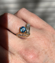 Load image into Gallery viewer, One of a kind solid 14k yellow gold estate piece - Teal Sapphire & Natural Earth Mined Diamond Baguettes
