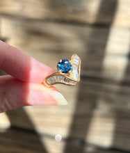 Load image into Gallery viewer, One of a kind solid 14k yellow gold estate piece - Teal Sapphire & Natural Earth Mined Diamond Baguettes