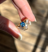 Load image into Gallery viewer, One of a kind solid 14k yellow gold estate piece - Teal Sapphire & Natural Earth Mined Diamond Baguettes