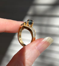 Load image into Gallery viewer, One of a kind solid 14k yellow gold estate piece - Teal Sapphire & Natural Earth Mined Diamond Baguettes