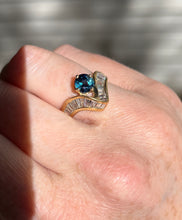 Load image into Gallery viewer, One of a kind solid 14k yellow gold estate piece - Teal Sapphire & Natural Earth Mined Diamond Baguettes