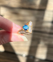 Load image into Gallery viewer, One of a kind solid 14k yellow gold estate piece - Teal Sapphire & Natural Earth Mined Diamond Baguettes