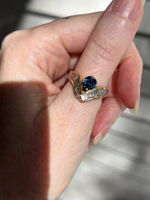 Load image into Gallery viewer, One of a kind solid 14k yellow gold estate piece - Teal Sapphire & Natural Earth Mined Diamond Baguettes