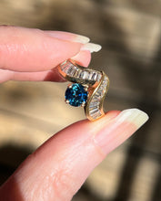 Load image into Gallery viewer, One of a kind solid 14k yellow gold estate piece - Teal Sapphire & Natural Earth Mined Diamond Baguettes