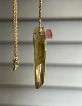 Load image into Gallery viewer, Hovave Art - Water Clear African Citrine Necklace with Pink Tourmaline Accent and Divine Feminine & Sacred Masculine Symbols - 24 inch popcorn chain