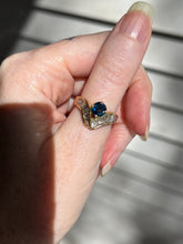 Load image into Gallery viewer, One of a kind solid 14k yellow gold estate piece - Teal Sapphire & Natural Earth Mined Diamond Baguettes