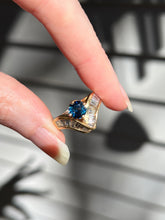 Load image into Gallery viewer, One of a kind solid 14k yellow gold estate piece - Teal Sapphire & Natural Earth Mined Diamond Baguettes
