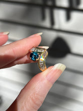 Load image into Gallery viewer, One of a kind solid 14k yellow gold estate piece - Teal Sapphire & Natural Earth Mined Diamond Baguettes