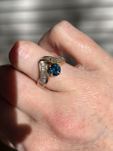 Load image into Gallery viewer, One of a kind solid 14k yellow gold estate piece - Teal Sapphire & Natural Earth Mined Diamond Baguettes