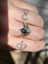 Load image into Gallery viewer, One of a kind solid 14k yellow gold estate piece - Teal Sapphire & Natural Earth Mined Diamond Baguettes