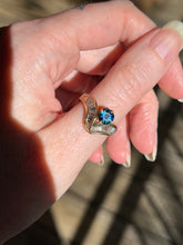 Load image into Gallery viewer, One of a kind solid 14k yellow gold estate piece - Teal Sapphire & Natural Earth Mined Diamond Baguettes