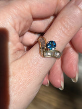 Load image into Gallery viewer, One of a kind solid 14k yellow gold estate piece - Teal Sapphire & Natural Earth Mined Diamond Baguettes