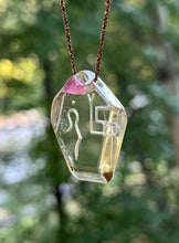 Load image into Gallery viewer, Hovave Art - Water Clear African Citrine Necklace with Pink Tourmaline Accent and Divine Feminine & Sacred Masculine Symbols - 24 inch popcorn chain