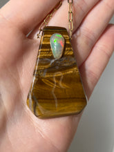 Load image into Gallery viewer, Hovave Art - South African Tiger Eye and Ethiopian Opal necklace with Sacred Masculine & Divine Feminine Symbols