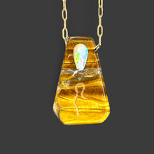Load image into Gallery viewer, Hovave Art - South African Tiger Eye and Ethiopian Opal necklace with Sacred Masculine & Divine Feminine Symbols