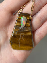 Load image into Gallery viewer, Hovave Art - South African Tiger Eye and Ethiopian Opal necklace with Sacred Masculine & Divine Feminine Symbols