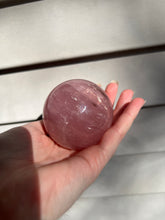 Load image into Gallery viewer, Lavender 6 Ray Star Rose Quartz sphere with Smoky Quartz inclusions and sphere stand