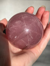 Load image into Gallery viewer, Lavender 6 Ray Star Rose Quartz sphere with Smoky Quartz inclusions and sphere stand