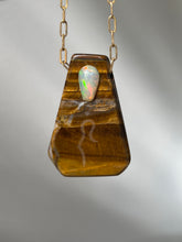 Load image into Gallery viewer, Hovave Art - South African Tiger Eye and Ethiopian Opal necklace with Sacred Masculine & Divine Feminine Symbols
