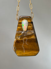 Load image into Gallery viewer, Hovave Art - South African Tiger Eye and Ethiopian Opal necklace with Sacred Masculine & Divine Feminine Symbols