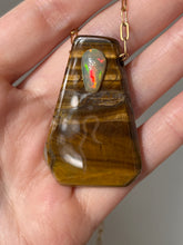 Load image into Gallery viewer, Hovave Art - South African Tiger Eye and Ethiopian Opal necklace with Sacred Masculine & Divine Feminine Symbols
