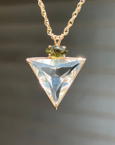 One of a Kind - 14k Yellow Gold Clear Quartz Angelic Star necklace with bubbly Moldavite Marquise cut crown