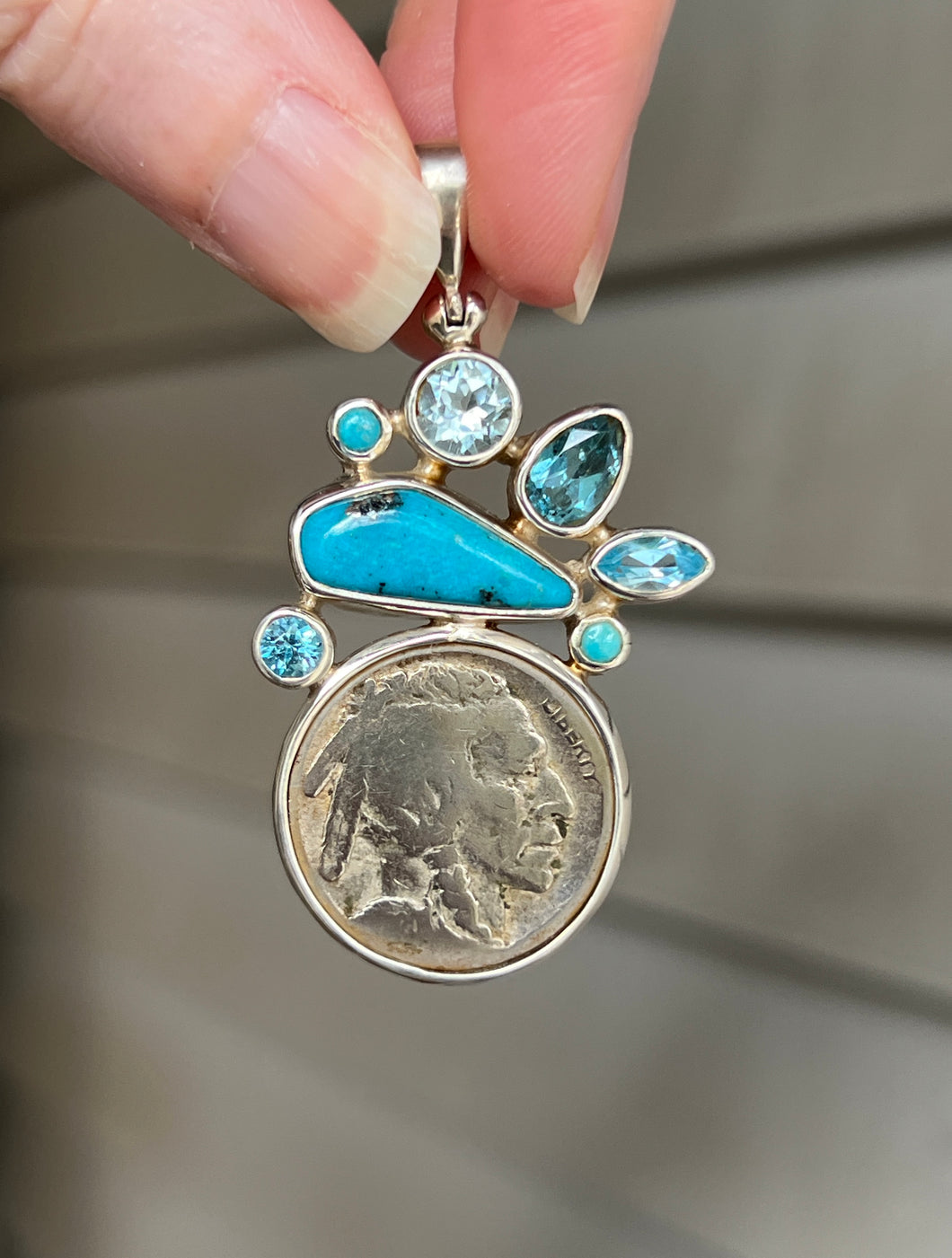 One of a kind - Genuine Buffalo/Native American Head Nickle, Blue Topaz & Nacozari Turquoise pendant