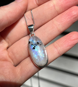 Full flash Rainbow Moonstone pendant with Black Tourmaline