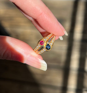 Solid 18k yellow gold natural earth mined Diamond, Ruby & Sapphire piece