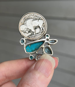 One of a kind - Genuine Buffalo/Native American Head Nickle, Blue Topaz & Nacozari Turquoise pendant