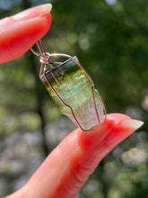 Load image into Gallery viewer, 8.5g Blue capped Rainbow Tourmaline Wire Wrapped pendant (Indicolite, Green &amp; Lilac Tourmaline)