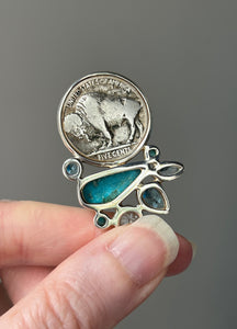 One of a kind - Genuine Buffalo/Native American Head Nickle, Blue Topaz & Nacozari Turquoise pendant