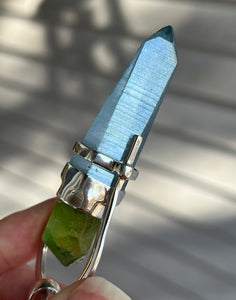 Aqua Aura Lemurian Quartz point pendant with Electric Peridot