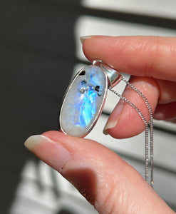 Full flash Rainbow Moonstone pendant with Black Tourmaline